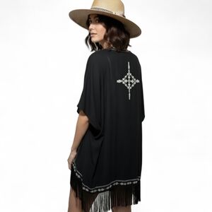 Bohemian Black kimono fringe wrap with white embroidery size S‎
